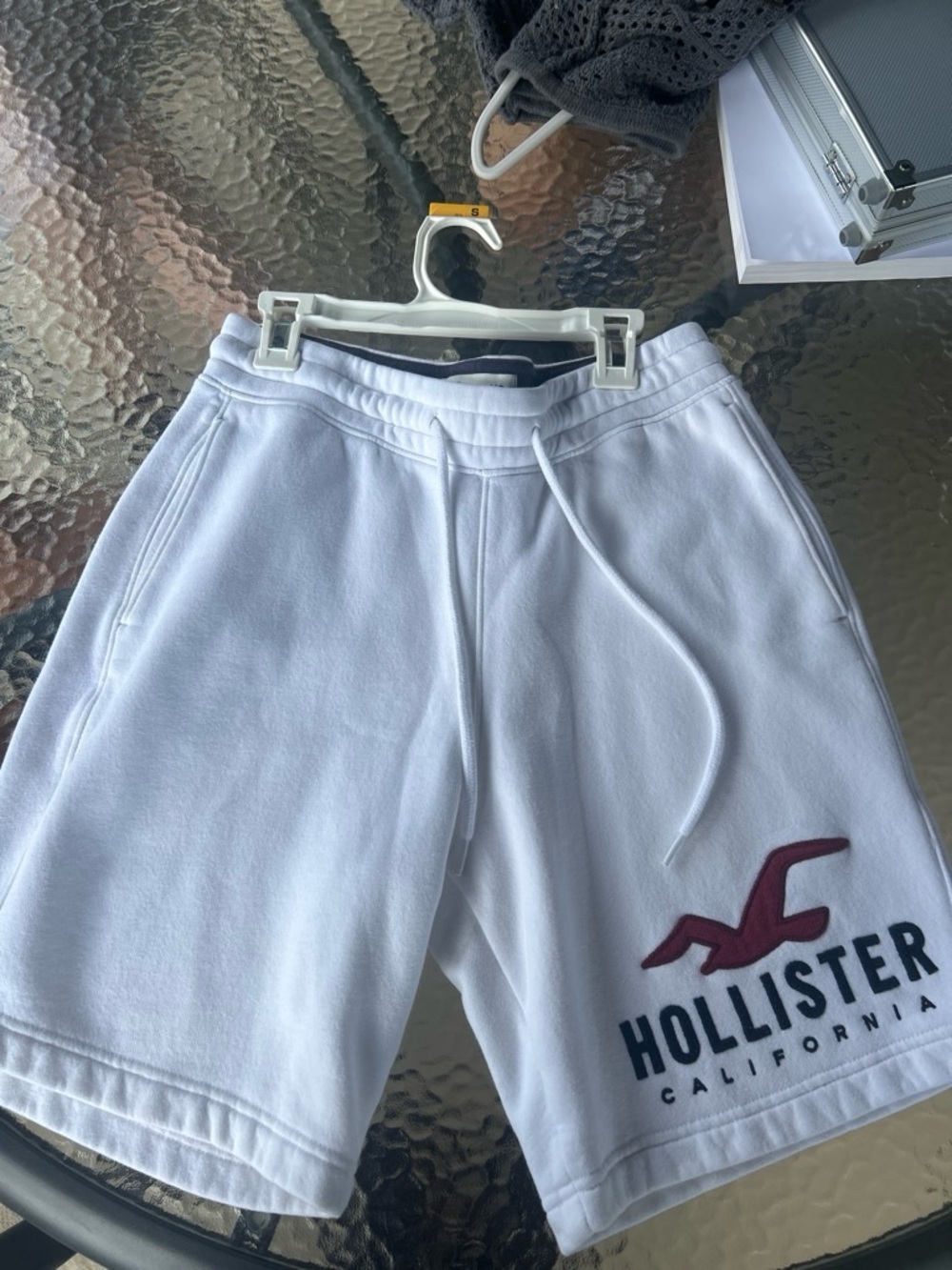 Hollister White Athletic Shorts with Maroon Logo and Navy Text